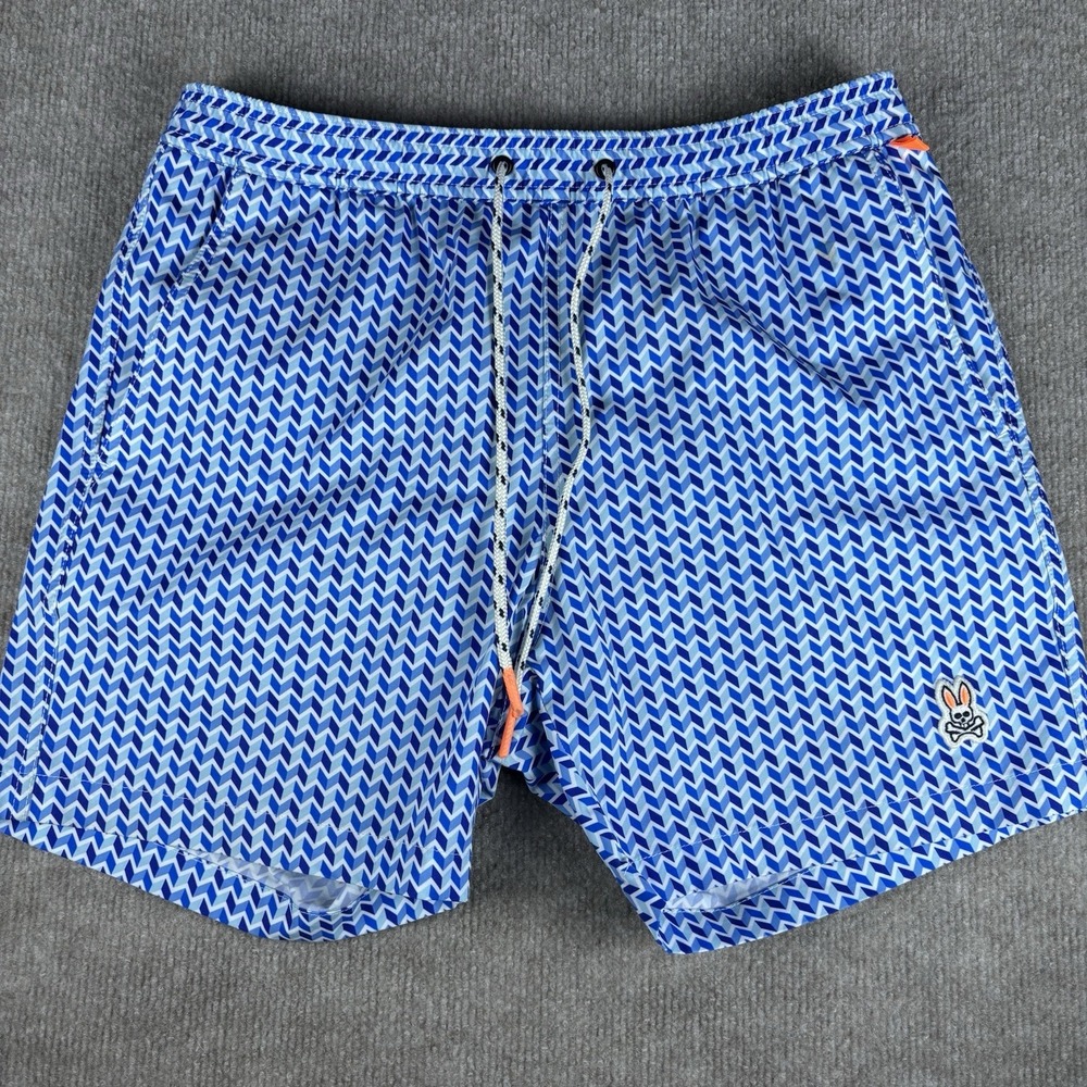 Psycho Bunny Swim Trunks Mens S Blue Geometric Print Lined Drawstring Shorts
